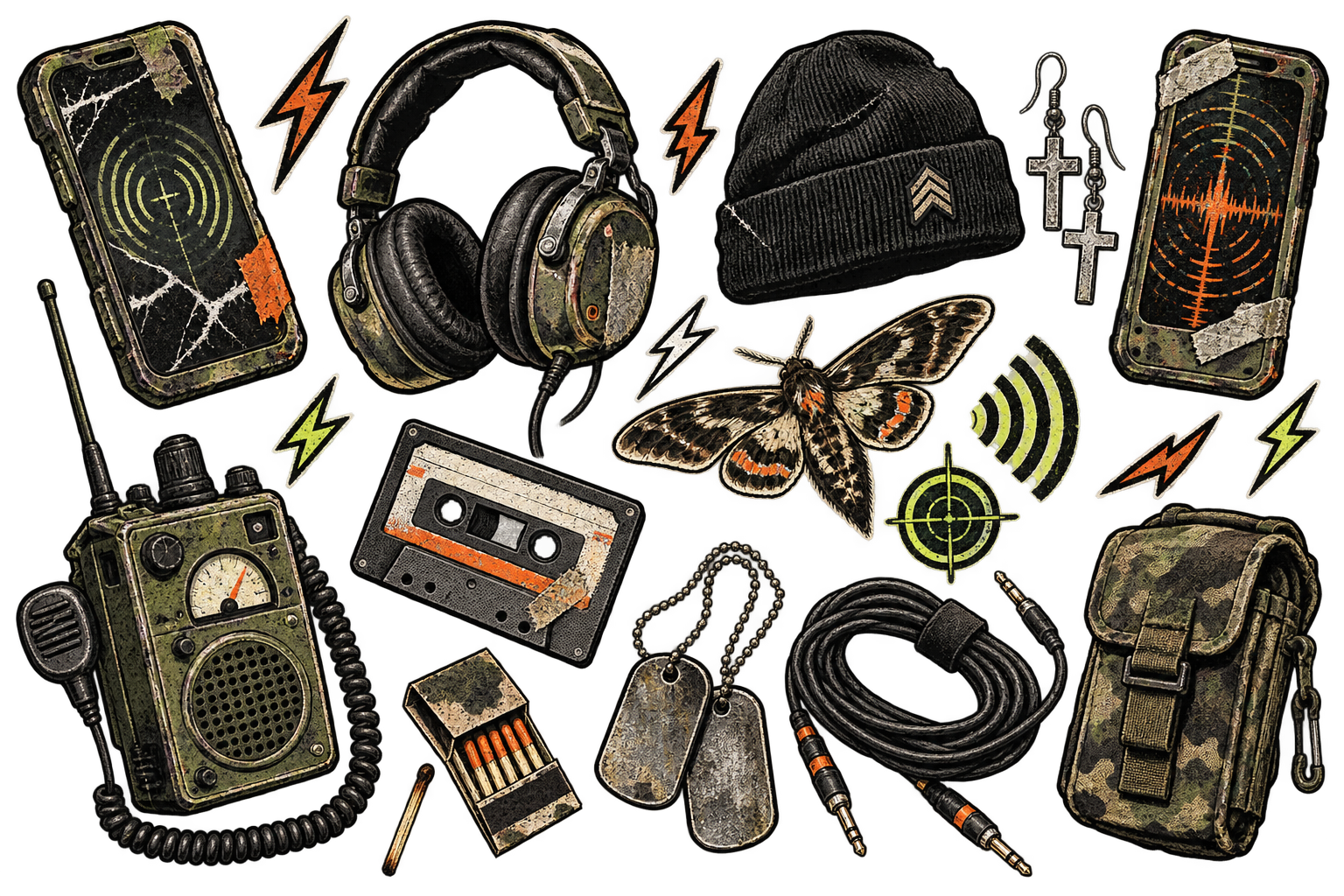 Illustrated field kit with phones, headphones, beanie, cross earrings, radio and dog tags
